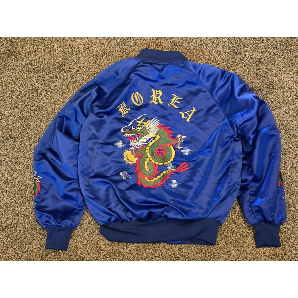 Vintage 80s Korea Souvenir Jacket Blue Satin Embroide… - Gem